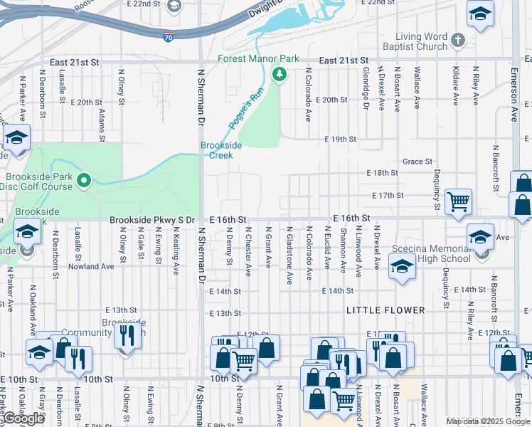 map of restaurants, bars, coffee shops, grocery stores, and more near 4068 East 16th Street in Indianapolis