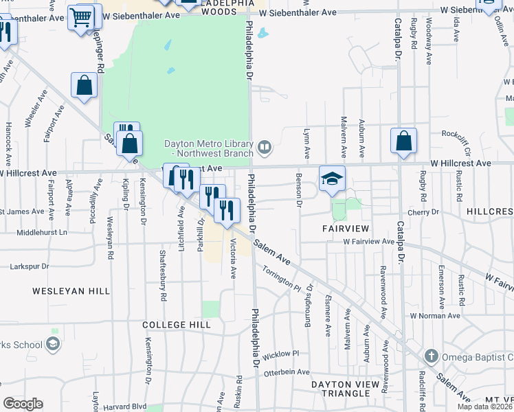 map of restaurants, bars, coffee shops, grocery stores, and more near 1056 Sherwood Drive in Dayton