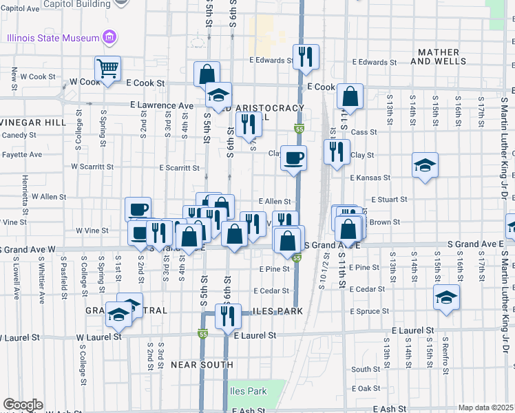 map of restaurants, bars, coffee shops, grocery stores, and more near 1208 South 7th Street in Springfield