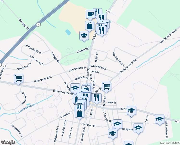 map of restaurants, bars, coffee shops, grocery stores, and more near 147 North 3rd Street in Oxford