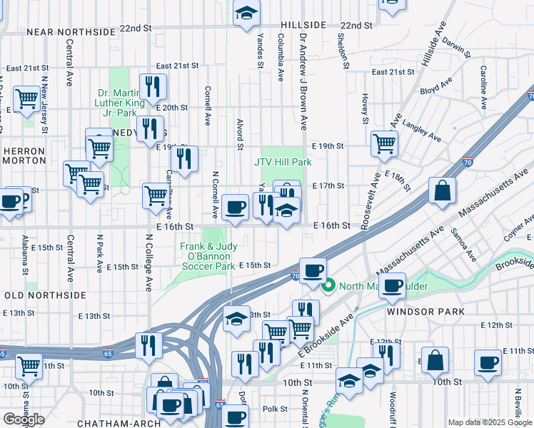 map of restaurants, bars, coffee shops, grocery stores, and more near 1617 Yandes Street in Indianapolis