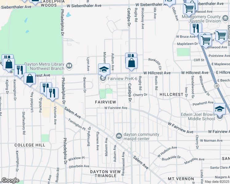 map of restaurants, bars, coffee shops, grocery stores, and more near 2255 Ravenwood Avenue in Dayton