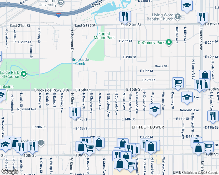 map of restaurants, bars, coffee shops, grocery stores, and more near 4202 East 16th Street in Indianapolis