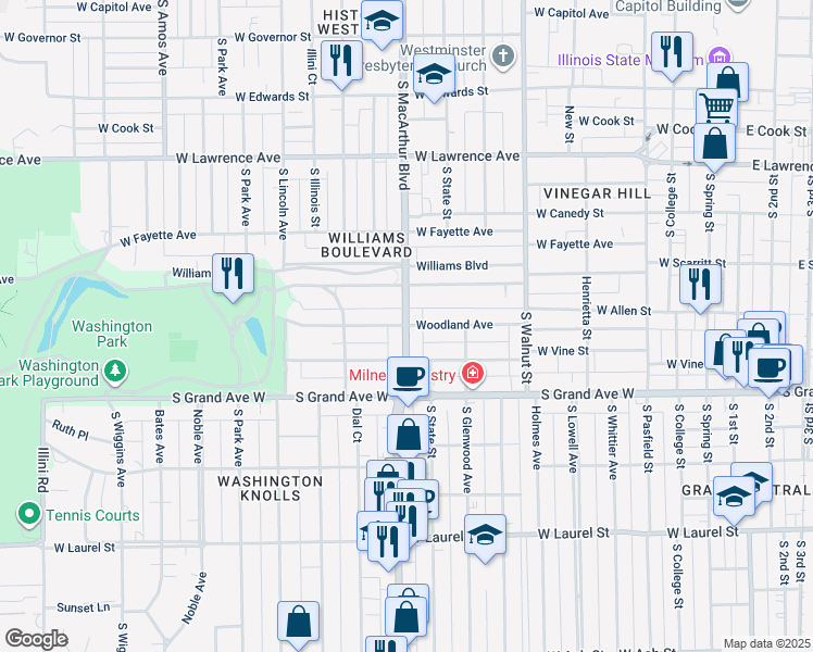 map of restaurants, bars, coffee shops, grocery stores, and more near 798 Woodland Avenue in Springfield