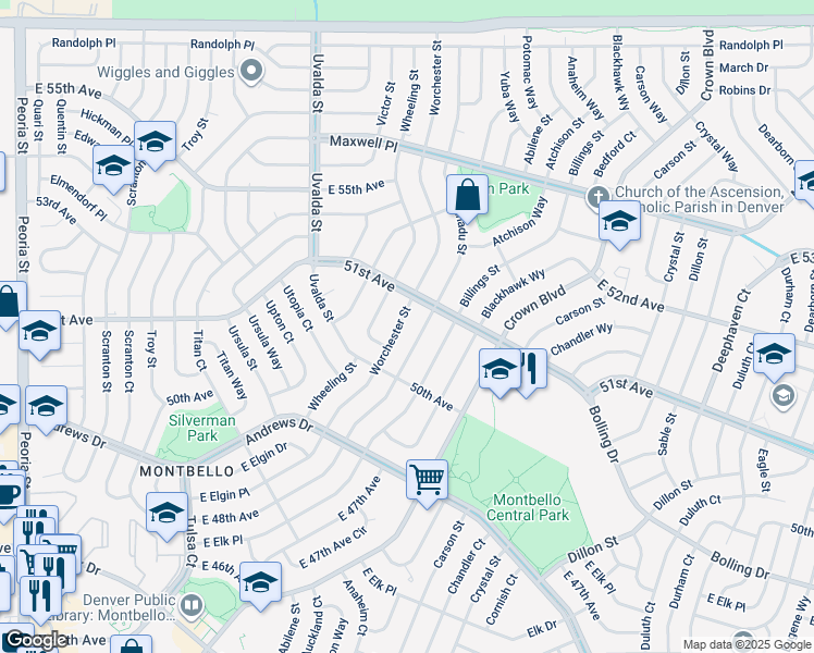 map of restaurants, bars, coffee shops, grocery stores, and more near 5060 Worchester Street in Denver