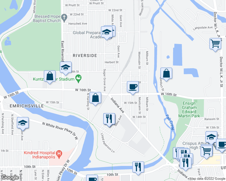 map of restaurants, bars, coffee shops, grocery stores, and more near 1250 West 16th Street in Indianapolis