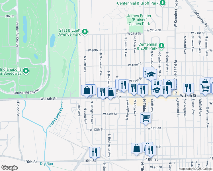 map of restaurants, bars, coffee shops, grocery stores, and more near 1640 North Rochester Avenue in Indianapolis