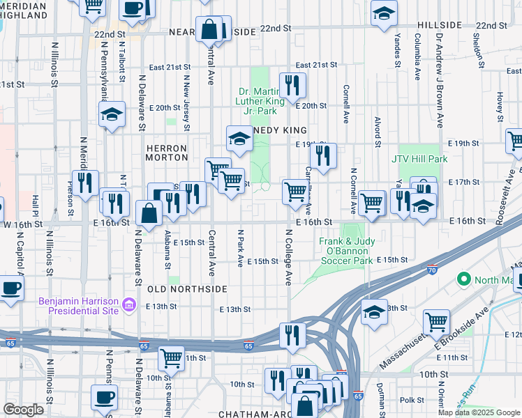 map of restaurants, bars, coffee shops, grocery stores, and more near 1626 Broadway Street in Indianapolis