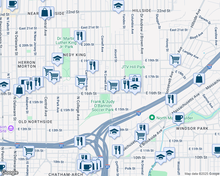 map of restaurants, bars, coffee shops, grocery stores, and more near Monon Trail in Indianapolis