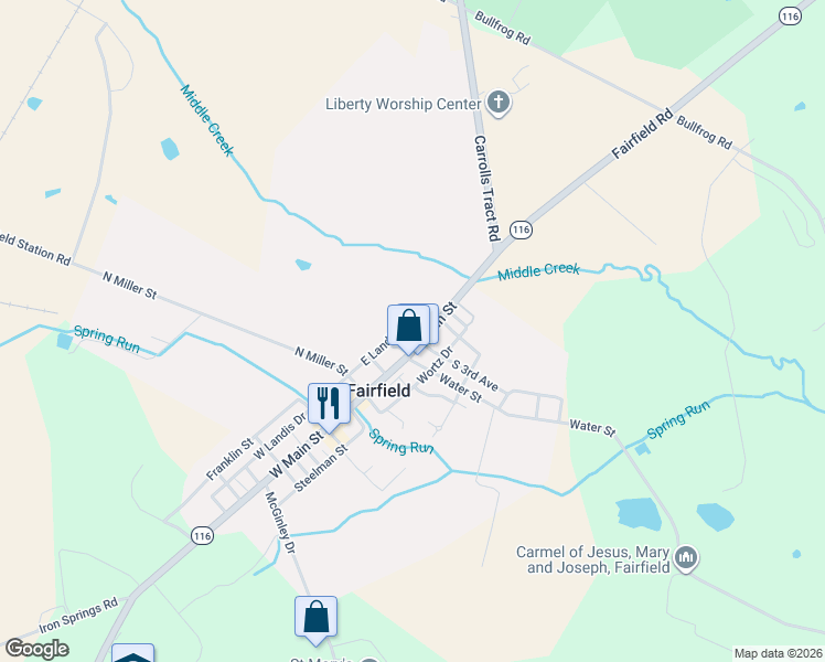 map of restaurants, bars, coffee shops, grocery stores, and more near 111 East Main Street in Fairfield