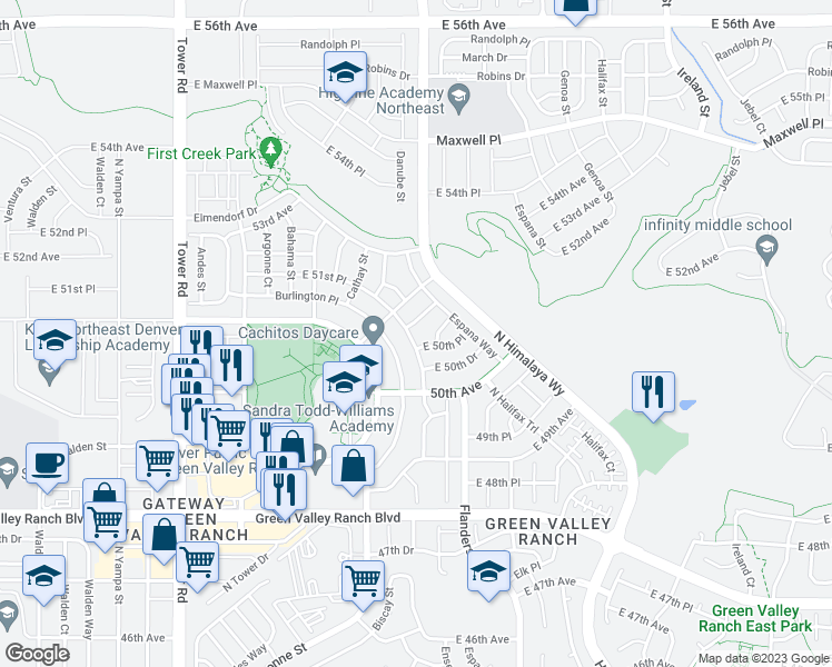 map of restaurants, bars, coffee shops, grocery stores, and more near 5076 Ceylon Street in Denver