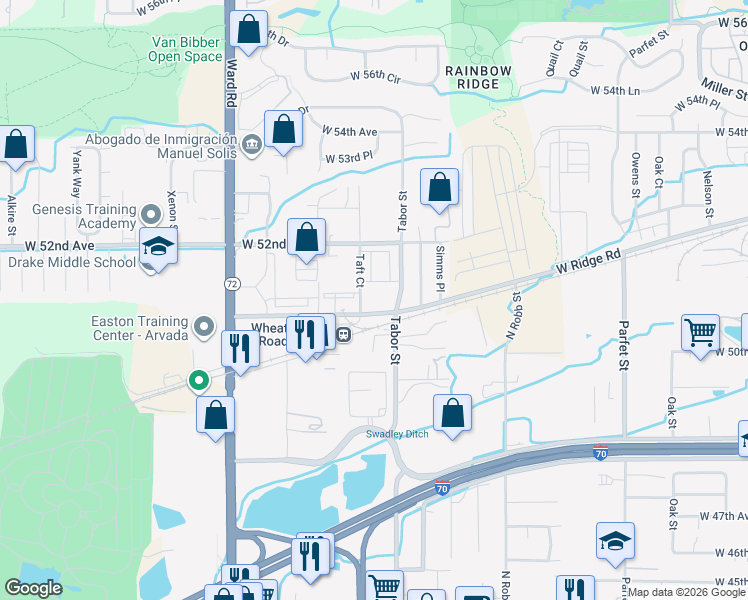 map of restaurants, bars, coffee shops, grocery stores, and more near in Wheat Ridge