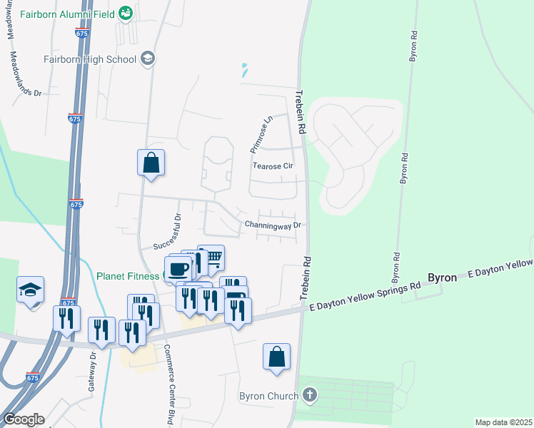 map of restaurants, bars, coffee shops, grocery stores, and more near 1305 Hemmingway Drive in Fairborn
