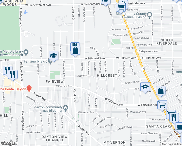 map of restaurants, bars, coffee shops, grocery stores, and more near 2305 Emerson Avenue in Dayton