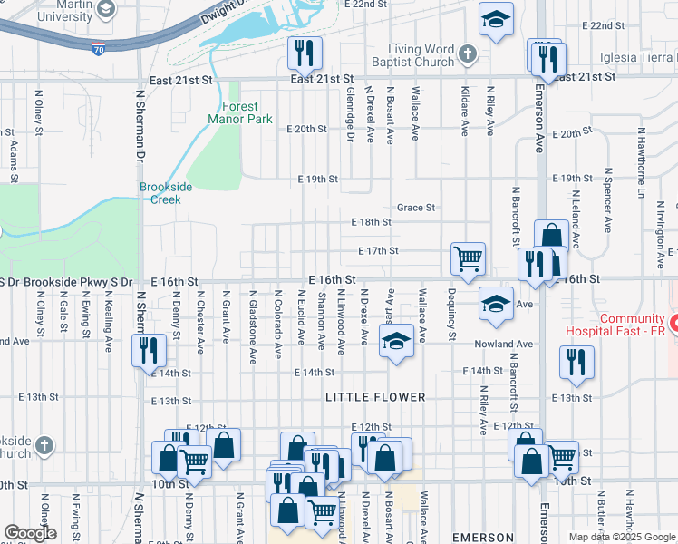 map of restaurants, bars, coffee shops, grocery stores, and more near 4522 East 16th Street in Indianapolis