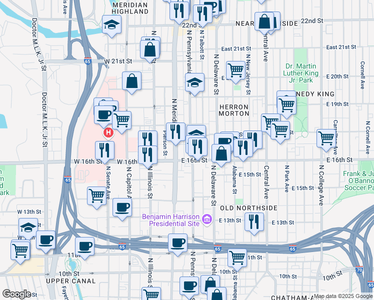 map of restaurants, bars, coffee shops, grocery stores, and more near in Indianapolis