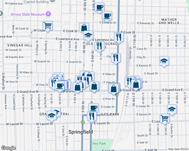 map of restaurants, bars, coffee shops, grocery stores, and more near 1209 South 7th Street in Springfield