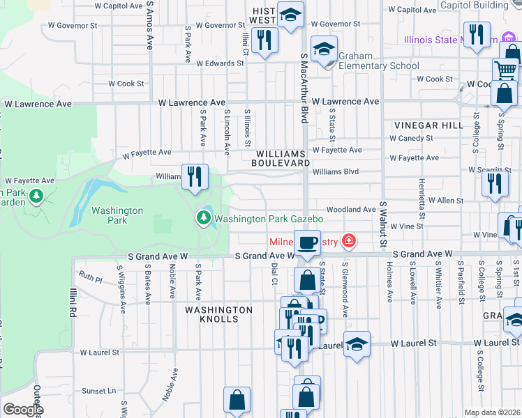 map of restaurants, bars, coffee shops, grocery stores, and more near 1100-1198 Woodland Ave in Springfield