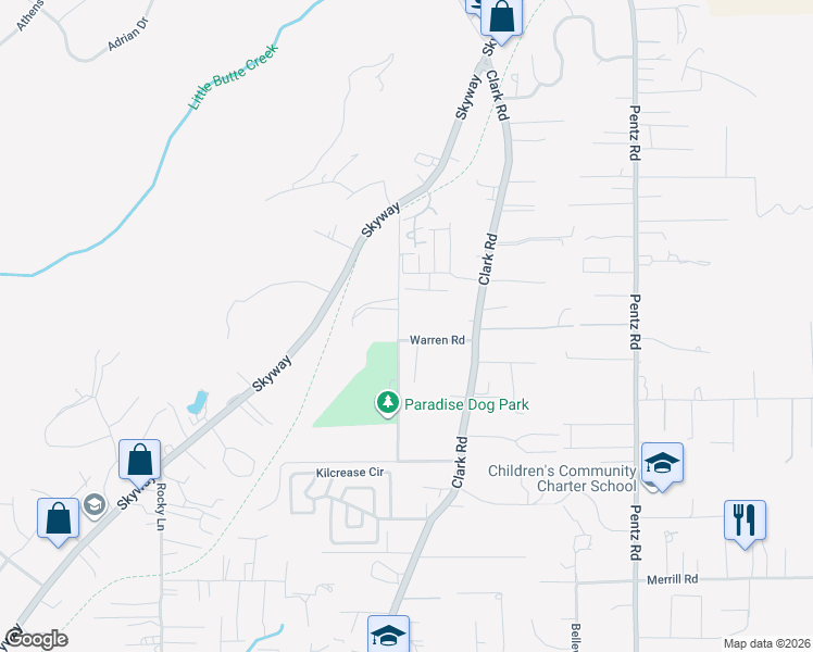 map of restaurants, bars, coffee shops, grocery stores, and more near 6742 Moore Road in Paradise