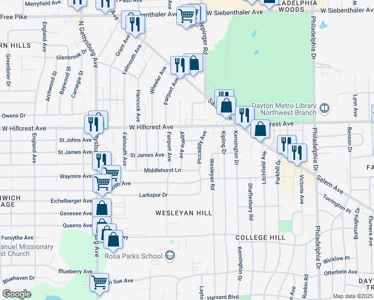 map of restaurants, bars, coffee shops, grocery stores, and more near 3585 Saint James Avenue in Dayton