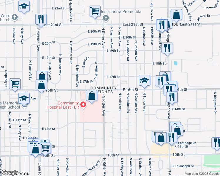 map of restaurants, bars, coffee shops, grocery stores, and more near 5506 East 16th Street in Indianapolis