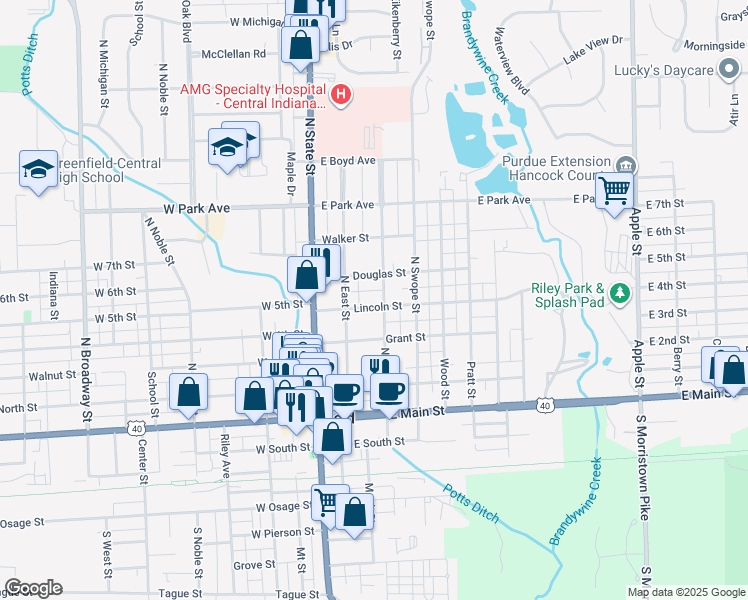 map of restaurants, bars, coffee shops, grocery stores, and more near 216 East Lincoln Street in Greenfield