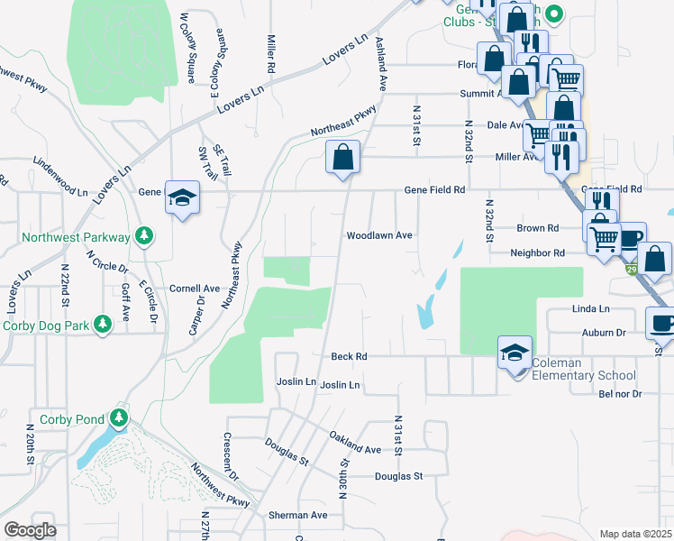 map of restaurants, bars, coffee shops, grocery stores, and more near 2412 Ashland Avenue in Saint Joseph