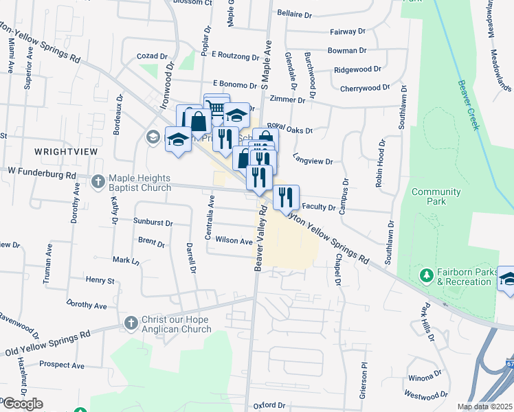 map of restaurants, bars, coffee shops, grocery stores, and more near 141 Forestdale Avenue in Fairborn