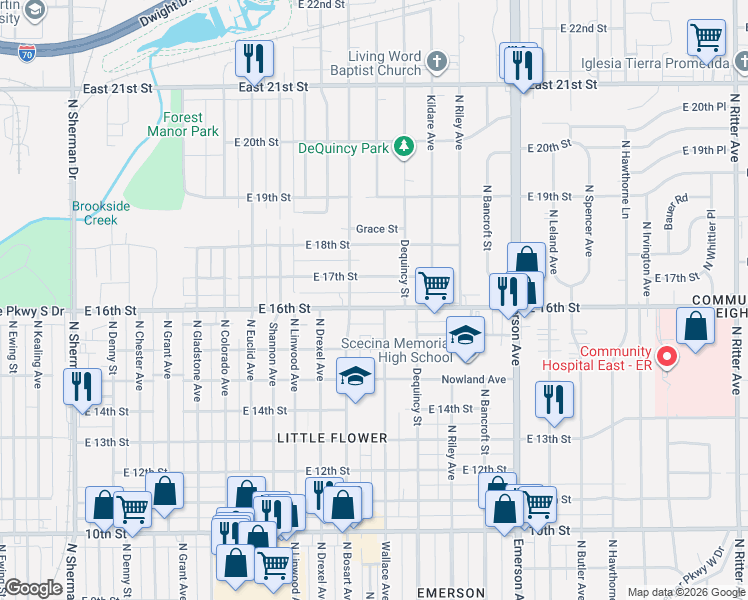 map of restaurants, bars, coffee shops, grocery stores, and more near 4720 East 16th Street in Indianapolis