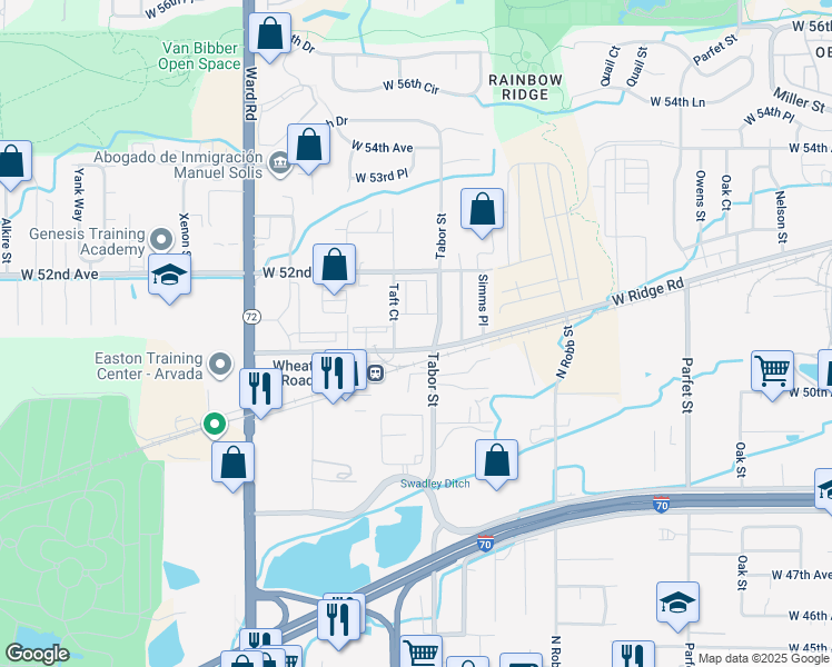 map of restaurants, bars, coffee shops, grocery stores, and more near 11901 Ridge Road in Wheat Ridge