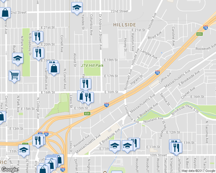 map of restaurants, bars, coffee shops, grocery stores, and more near 1620 North Arsenal Avenue in Indianapolis