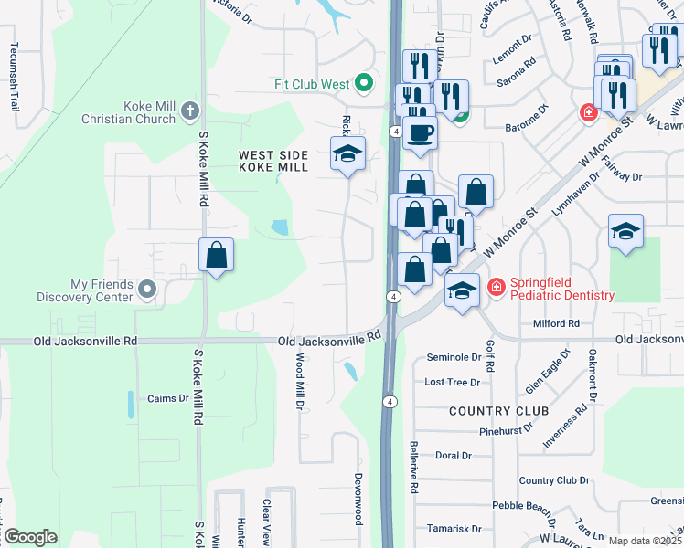 map of restaurants, bars, coffee shops, grocery stores, and more near 1007 Rickard Road in Springfield