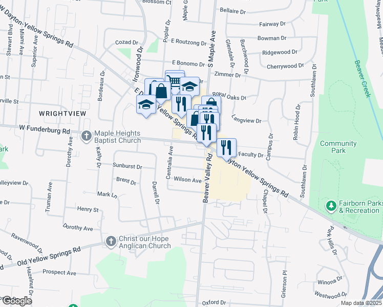 map of restaurants, bars, coffee shops, grocery stores, and more near 49 Forestdale Avenue in Fairborn