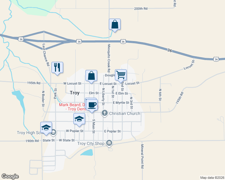 map of restaurants, bars, coffee shops, grocery stores, and more near 200 Elm Street in Troy