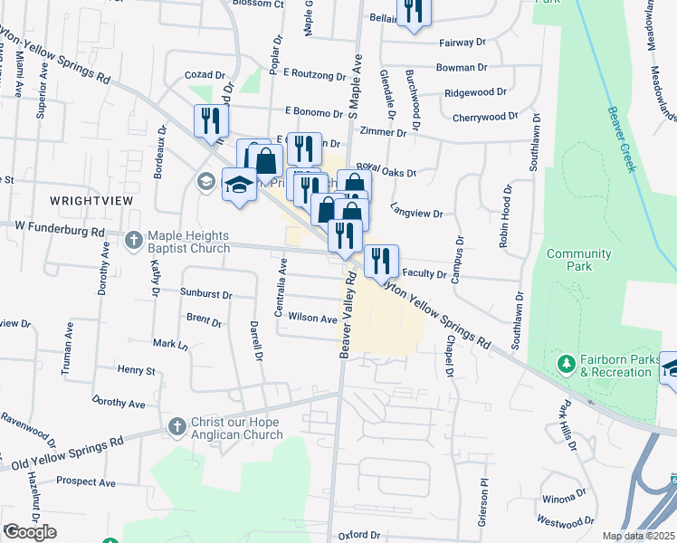 map of restaurants, bars, coffee shops, grocery stores, and more near 141 Forestdale Avenue in Fairborn