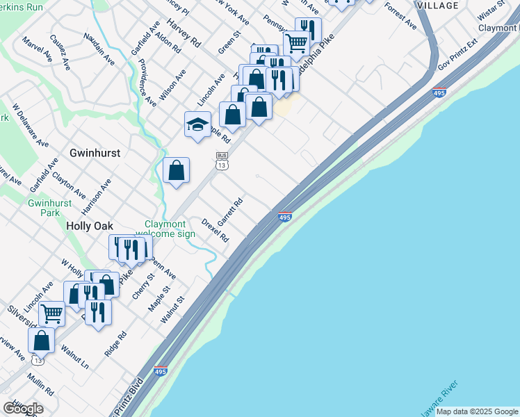 map of restaurants, bars, coffee shops, grocery stores, and more near 7509 Governor Printz Boulevard in Claymont