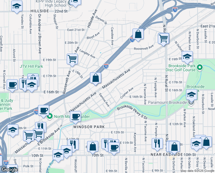 map of restaurants, bars, coffee shops, grocery stores, and more near 2101 Massachusetts Avenue in Indianapolis