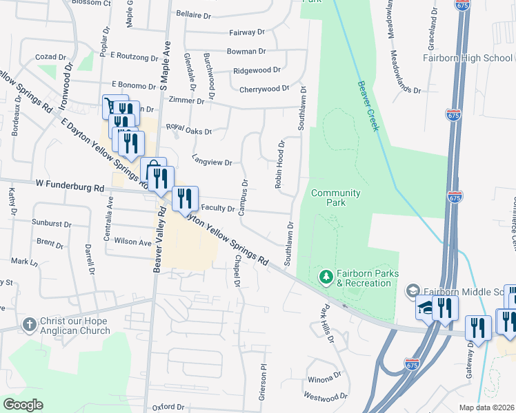 map of restaurants, bars, coffee shops, grocery stores, and more near 427 Faculty Drive in Fairborn