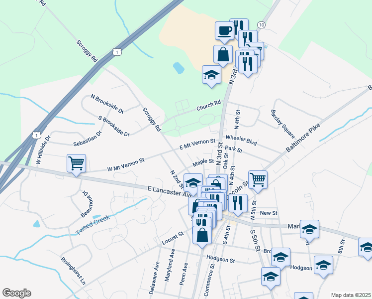 map of restaurants, bars, coffee shops, grocery stores, and more near 260 East Mount Vernon Street in Oxford