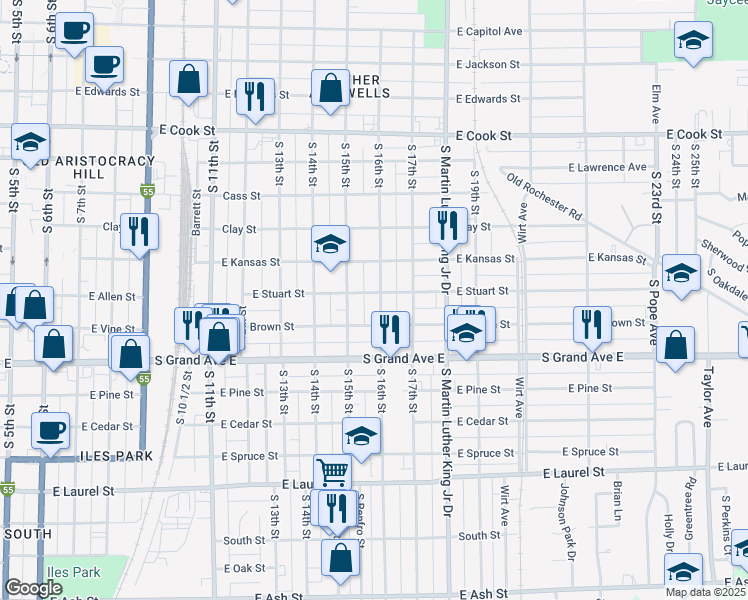 map of restaurants, bars, coffee shops, grocery stores, and more near 1205 South 16th Street in Springfield
