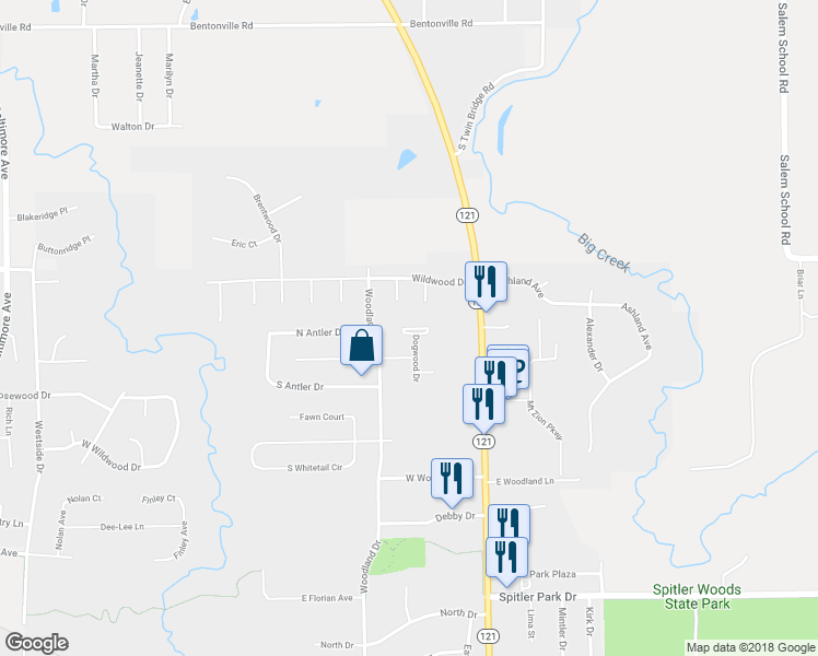 map of restaurants, bars, coffee shops, grocery stores, and more near 1561 Dogwood Court in Mount Zion