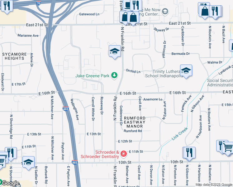 map of restaurants, bars, coffee shops, grocery stores, and more near N Franklin Rd & E 16th St in Indianapolis