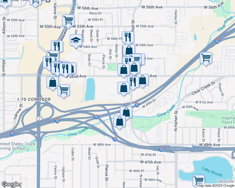 map of restaurants, bars, coffee shops, grocery stores, and more near 6681 West 51st Avenue in Arvada