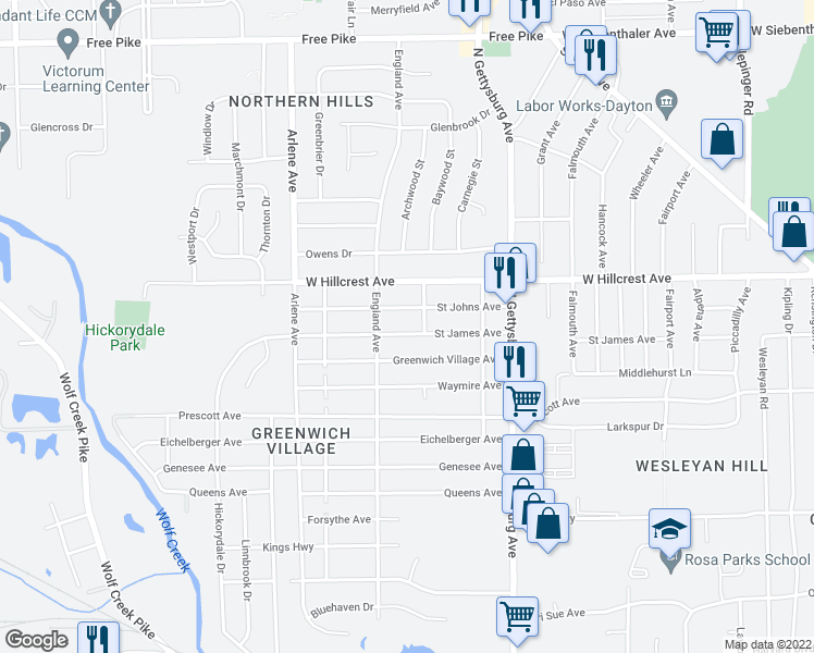 map of restaurants, bars, coffee shops, grocery stores, and more near 4513 Saint James Avenue in Dayton