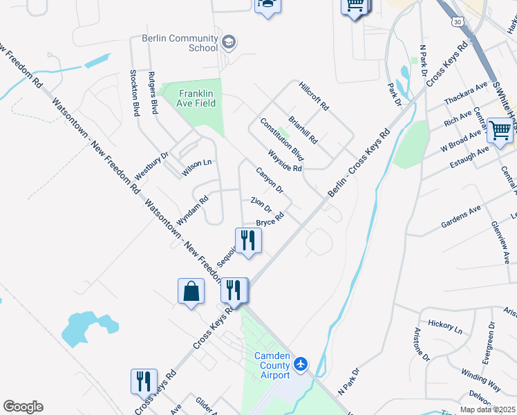 map of restaurants, bars, coffee shops, grocery stores, and more near 17 Zion Drive in Berlin