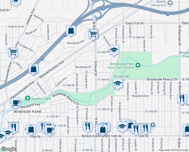map of restaurants, bars, coffee shops, grocery stores, and more near 1603 North Rural Street in Indianapolis