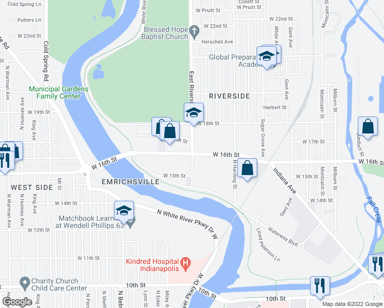 map of restaurants, bars, coffee shops, grocery stores, and more near 1600 West 16th Street in Indianapolis