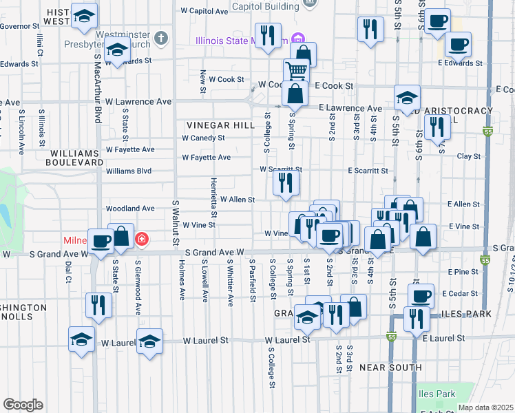 map of restaurants, bars, coffee shops, grocery stores, and more near 308 West Allen Street in Springfield