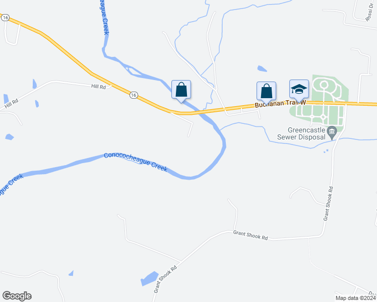 map of restaurants, bars, coffee shops, grocery stores, and more near 2372 Buchanan Trail West in Greencastle