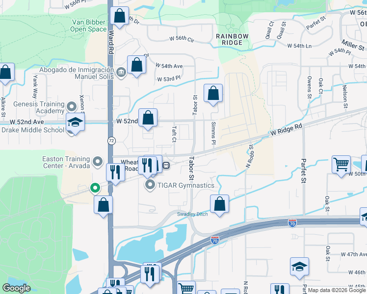 map of restaurants, bars, coffee shops, grocery stores, and more near in Wheat Ridge